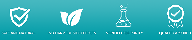 Safe and Natural Logo | No Harmful Side Effects Logo | Verified for Purity Logo | Quality Assured Logo
